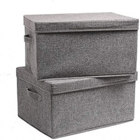 Skyfun (Label) Rectangular Foldable Large Linen Laundry, Clothes, Books, Toys Storage Living Hamper Box With Lid And Handle, Large, Pack Of 2-Grey, Large