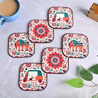 Gkd Coaster Set Of 6 Vibrant India Theme Design Wooden Coasters To Serve Tea Cups, Coffee Mugs And Glasses (3.8 X 3.8 Inch) (Square) (Ecofriendly)