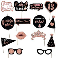 Festiko 14 Pcs Happy 13Th Birthday Photobooth Props For Birthday Celebration, Make A Wish, Finally Teenager, Party Supplies - Black And Rose Gold