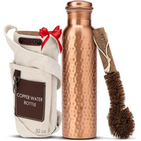 Ava Designz Cleo Home (32 Oz/950 Ml) Handcrafted Hammered-100% Ayurvedic Copper Water Bottle With Cleaning Brush And Canvas Bag | Lab-Tested, Leak-Proof Bottle