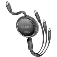 Promate Triocord-R, 3-In-1 Multi-Connector Retractable Cord With Usb-C, Lightning, And Micro-Usb Heads, Transparent Circular Case, Pd60W Fast Charging, 480Mbps Data Transfer-Black