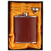 Icy Shots Stainless Steel And Stitched Leather Hip Flask 8 Oz (230 Ml) For Men - Liquor Flask Or Wine Whiskey Alcoholic Beverage Holder With Funnel Gift Set - Classy Brown