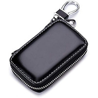 Anzailala Car Key Case,Genuine Leather Car Smart Key Chain Keychain Holder Metal Hook And Keyring Zipper Bag For Remote Key Fob | Black