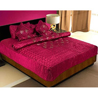 Manavrachit Satin Gold Printed 310 Tc Double Bed Wedding Bedding Set - 8 Pieces - Red - For Home & Living Room - Hathi Print, Red Hathi