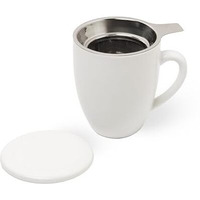 Sipologie Premium Ceramic Tea Mug With Stainless-Steel Infuser (300Ml), Ideal For Office Use And Brewing Loose Leaf Tea, High Fired, Finely Glazed Ceramic Cup With Lid (White)