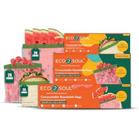 Eco Soul [Set Of 3] Resealable Ziplock Bags | Plastic Free Food Storage Pouch | Compostable & Eco Friendly Zip Locks | For Fruits & Vegetables | With Double Zipper | Freezer Safe