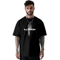 Men's 100% Pure Cotton Relaxed Fit Drop Shoulder Premium Front & Back Printed Black Oversized T-Shirt For Summer - 2Xl