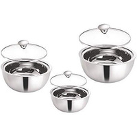 Borosil Stainless Steel Curry Server (Silver, 500Ml, 900Ml, 1.5L) - 3 Pc Set