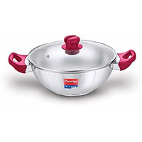 Prestige Platina Popular Stainless Steel Gas And Induction Compatible Kadhai With Glass Lid, 24 Cm, Silver