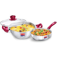 Prestige Stainless Steel Platina Popular Gas Compatible Fry Pan, 24 Cm (2.25 L) + Platina Popular Kadai With Glass Lid, 24 Cm (2.8 L) Kitchen Set Silver