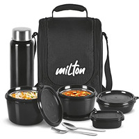 Milton Pro Lunch Box With Steel Cutlery, 3 Microwave Safe Inner Steel Containers (180Ml, 320Ml, 450Ml) Plastic Chutney Dabba 100Ml, Steel Bottle 750Ml With Insulated Bag, Office Tiffin, Black