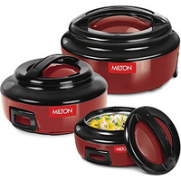 Milton Ernesto Inner Stainless Steel Jr. Casserole Set Of 3 (420 Ml, 850 Ml, 1.43 Litres), Red | Easy To Carry | Serving | Stackable