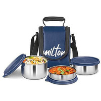 Milton Tasty 3 Lunch Box With Insulated Fabric Jacket, 3 Stainless Steel Containers (200 Ml, 320 Ml, 500 Ml), Leak-Proof Tiffin For Office, College, Picnic, Blue