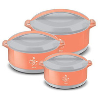Milton Divine Jr. Inner Stainless Steel Serving Casserole Gift Set Of 3 (430 Ml, 830 Ml, 1400 Ml), Pu Insulated Kitchen Hot Pot, Keeps Food Hot & Fresh For Roti, Biryani, Orange