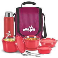 Milton Pro Lunch Box With Steel Cutlery, 3 Microwave Safe Inner Steel Containers (180 Ml, 320 Ml, 450 Ml), Plastic Chutney Dabba,100 Ml, Steel Bottle, 750 Ml With Insulated Bag, Office Tiffin, Maroon