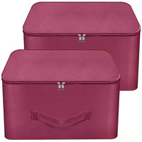 Storite 2 Pack Nylon Wardrobe Bag Underbed Moisture Proof Cloth Storage Organizer, Storage Box For Clothes Saree Bags With Zippered Closure & Handle (Magenta, 37X34X23 Cm) Square