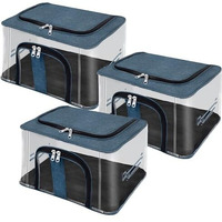 Storite 3 Pack Nylon 33 L Pvc Transparent Moisture Proof Storage Box For Clothes Closet Wardrobe Organizer Saree Bags For Clothes With Carry Handle - (Darkteal, 44 X 31 X 24 Cm)