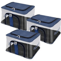 Storite 3 Pack Nylon 33 L Pvc Transparent Moisture Proof Storage Box For Clothes Closet Wardrobe Organizer Saree Bags For Clothes With Carry Handle - (Darkblue, 44 X 31 X 24 Cm)