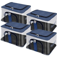 Storite 4 Pack Nylon 33 L Pvc Transparent Moisture Proof Storage Box For Clothes Closet Wardrobe Organizer For Clothes With Carry Handle - (Darkblue, 44 X 31 X 24 Cm)