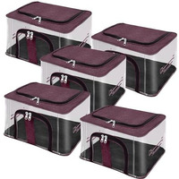 Storite 5 Pack Nylon 33 L Pvc Transparent Moisture Proof Storage Box For Clothes Closet Wardrobe Organizer Bag For Clothes Saree Bags With Carry Handle - (Vivid Red, 44 X 31 X 24 Cm)