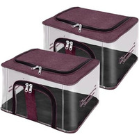 Storite 2 Pack Nylon 33 L Pvc Transparent Moisture Proof Storage Box For Clothes Closet Wardrobe Organizer For Clothes Saree Bags With Carry Handle - (Vivid Red, 44 X 31 X 24 Cm)