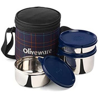 Oliveware Bliss Lunch Box, 100% Leak Proof, 3 Stainless Steel Containers With Bpa Free Airtight Lids (300 Ml, 450 Ml, 600 Ml), Fabric Bag - Blue