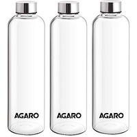 Agaro Elite Borosilicate Glass Water Bottles, Pack Of 3, 1000Ml Capacity Each, Microwave & Freezer Safe, Leak Proof & Airtight Lid, Scratch Resistant, Transparent.