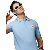 Onn Uk Classic Men's Blue Mist Premium Combed Cotton Polo Collar Half Sleeves Solid T-Shirt | Polo T-Shirt With Face Mask (Size : Large)