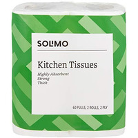 Amazon Brand - Solimo Kitchen Tissue Rolls | 2 Ply Kitchen Paper Roll | 120 Pulls | 60 Pulls X 2 Rolls | Food Safe | Highly Absorbent | Oba-Free | 100% Natural Virgin Cellulose Fiber