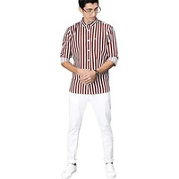The Bear House Men's Cotton Slim Striped Casual Shirt |Maroon |L |Tbh-Piranha-Mr-L |