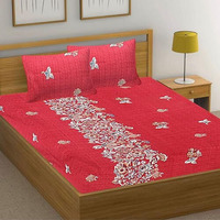 Hashcart 210 Tc Cotton Bedsheet For Double Bed Queen Size, Cotton Bedsheet With Two Pillow Covers - Red, Botanical, Bedsheet Size (90X94 Inch)