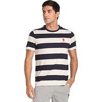 U.S. Polo Assn. Mens Cotton Crew Neck Striper I688 Lounge Regular Fit T-Shirt-Pack Of 1 (Lt.Grey Mel/Navy Large)