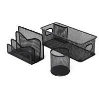 Neomate 3-Piece Metal Mesh Desk Organizer Set | Includes Letter/Document Holder, Pen Holder, and Multi-Purpose Storage Tray | Durable Stationery Storage for Home & Office | Black