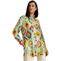 Leriya Fashion Women's Rayon Ikat Printed Casual Shirt Tops for Women Long Cuff Sleeves Collared Neck Button Down Tunic for Outing Travel Holiday Party Office Wear Shirts (Small, Aqua Green)