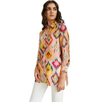 Leriya Fashion Women's Rayon Ikat Printed Casual Shirt Tops for Women Long Cuff Sleeves Collared Neck Button Down Tunic for Outing Travel Holiday Party Office Wear Shirts (Small, Peach)