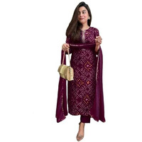 GoSriKi Women's Rayon Blend Straight Bandhej Printed Kurta with Pant & Dupatta (Turae Wine-GS_L_Wine_Large)