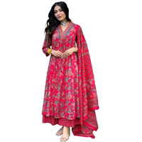 GoSriKi Women's Rayon Viscose Anarkali Printed Kurta with Palazzo & Dupatta (CIA Pink-GS_M_Pink_Medium)