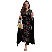 GoSriKi Women's Rayon Blend Straight Bandhej Printed Kurta with Pant & Dupatta (Turae Black-GS_M_Black_Medium)