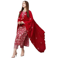 GoSriKi Women's Cotton Blend Straight Printed Kurta with Pant & Dupatta (MEI Red-GS_3XL_Red_XXX-Large)