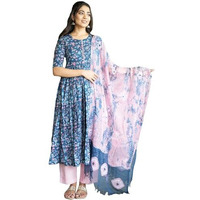 GoSriKi Women's Cotton Blend Anarkali Printed Kurta with Pant & Dupatta (NINA KEROCIN-GS_3XL_Blue_XXX-Large)
