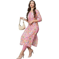 GoSriKi Women's Cotton Blend Floral Straight Kurta with Pant (Pahal-GS_Pink_2XL)