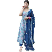 GoSriKi Women's Cotton Blend Anarkali Printed Kurta with Pant & Dupatta (GOANNI Blue-GS_XL_Blue_X-Large)