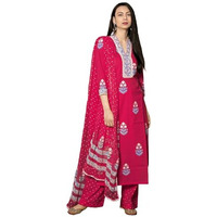 GoSriKi Women's Rayon Viscose Printed Straight Kurta with Pant & Dupatta (Belagavi Pink-GS_M_Pink_Medium)