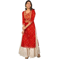 ANNI DESIGNER Womens Red Color Embroidery Bhandhani Kurta & Gold Printed Sharara