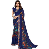 Yashika Women's Georgette Printed Saree with Blouse Piece (Power Blue) Blue03