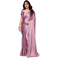 Yashika Women's Hot Fix Solid Color Satin Moss Saree with Unstitched Blouse Material (AZ-YS-OG1-PINTU-Parent_Pink)