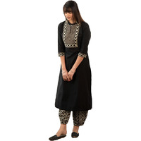 Yashika Women's Floral Regular 3/4 Sleeve Solid Black Color Kurti Pant Set, Cotton Blend, Knee Length, Stylish Ethnic Outfit, Office, and Casual Occasions (AZ-YS-OG1-KS2164-Parent XL)