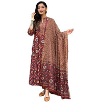 KLOSIA Women Printed Anarkali Kurta and Pant With Dupatta (IN, Alpha, S, Maroon)
