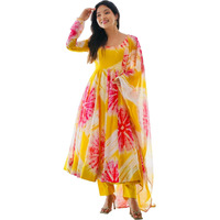 Wedani Women Floral Print Anarkali Kurta with Pant and Duptta (X-Large, Yellow)