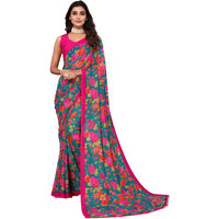 Yashika Women's Trendy Printed Georgette Green Color Saree with Blouse Material(DIGITAL GREEN)